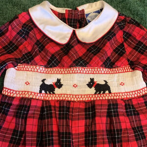 Vintage Carriage Boutique Friedknit Christmas Plaid Scotty dog Smocked Romper 24